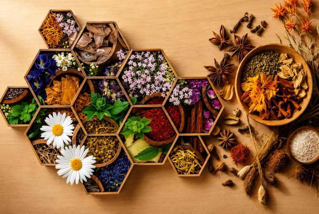 Ayurvedic Hexagonal Herbs and Spices Mosaic
